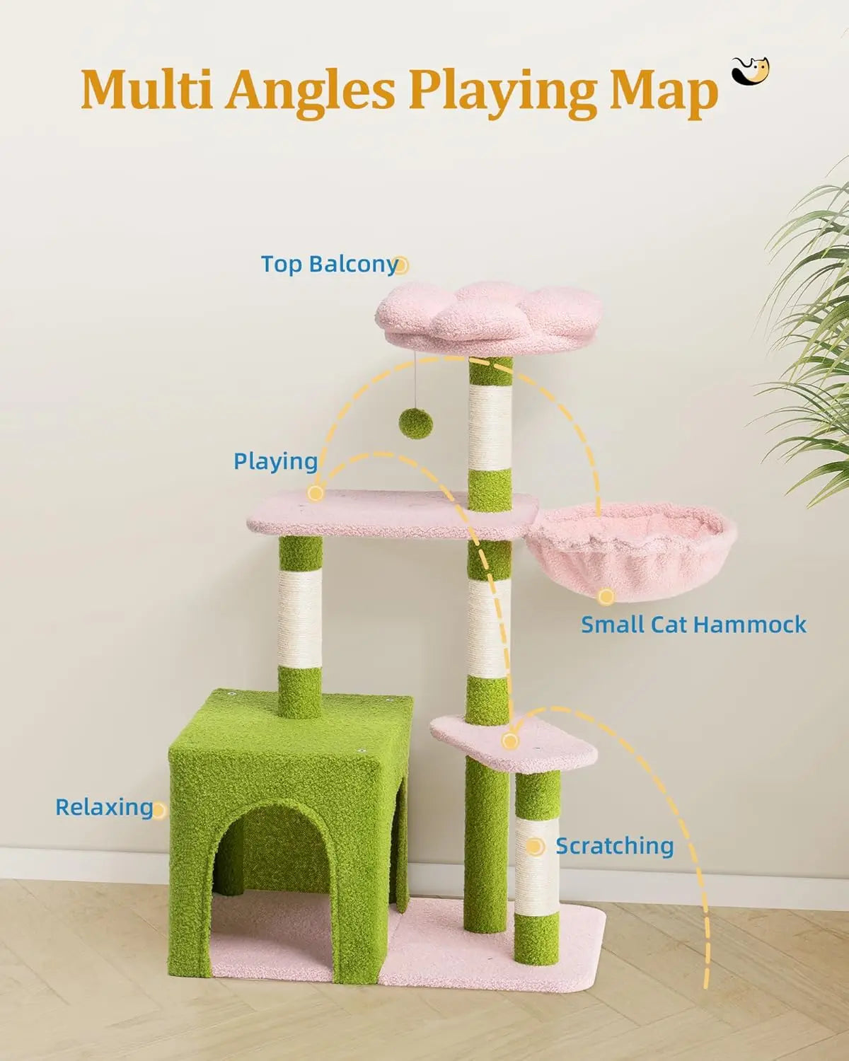 Large Cat Tree with 2-Door Condo, Scratching Posts, Floral Perch & Hammock for Adult Cats, Green Pink