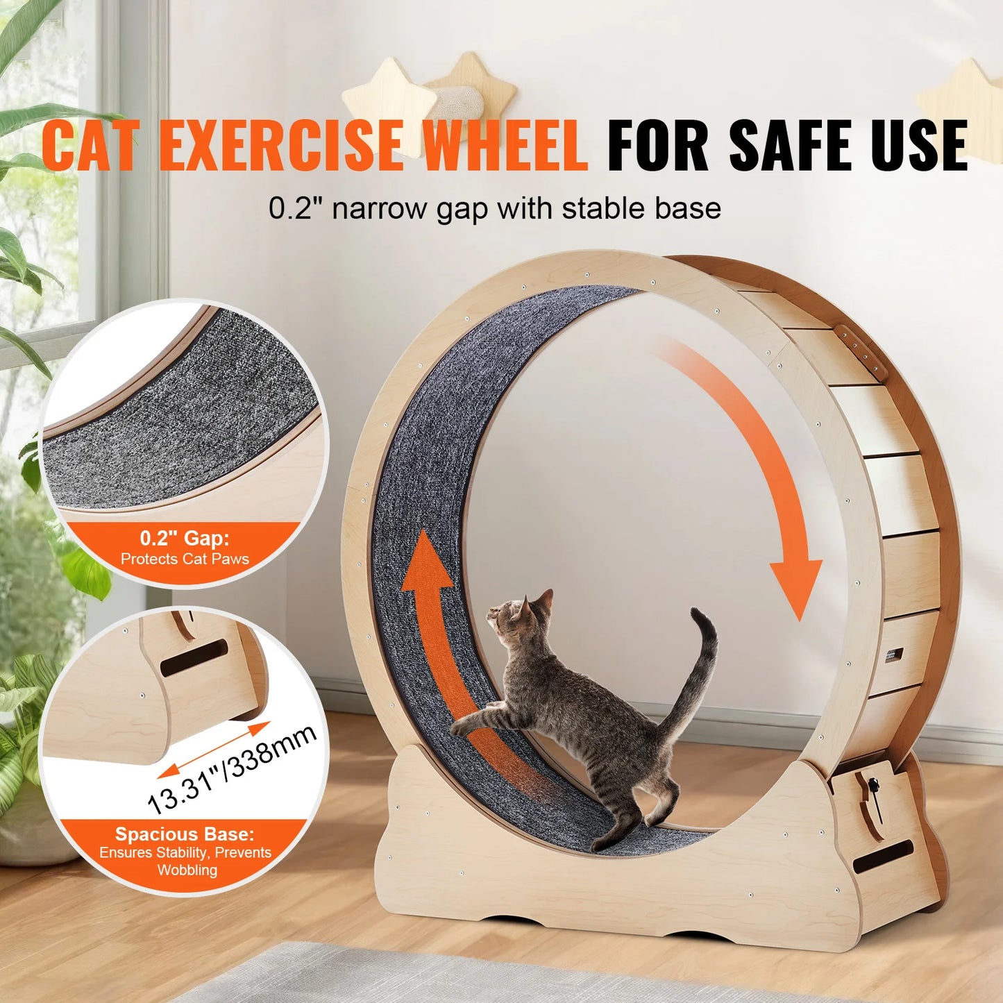 Wooden Cat Treadmill Wheel for Indoor Cat Running Wheel with Detachable Carpet & Cat Teaser