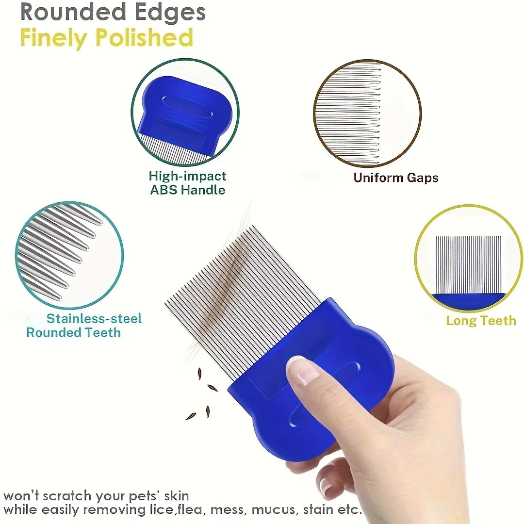 Pack of 4 Flea and Lice Combs, Stainless Steel Rabbit Dog Cat Round Teeth, Double-sided Professional