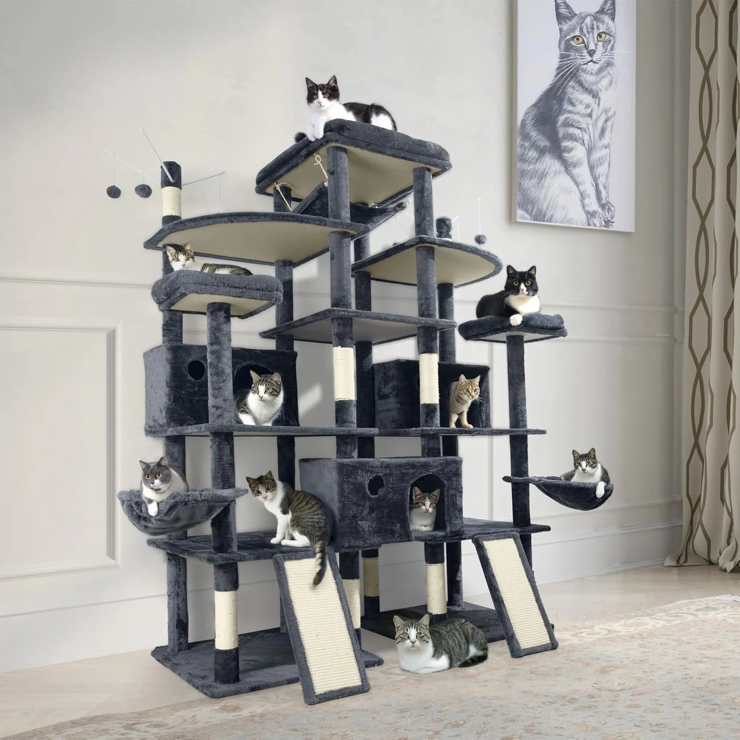 Extra Large 80-Inch Tall Cat Tree w/Widened Perch for Large Cats, Big Cat Tower Indoor, Modern Multi-Level Activity