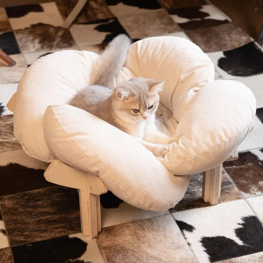 Elevated Cat Bed Wooden with Cushion Fluffy Pet Couch Sofa for Indoor Lounge Chair