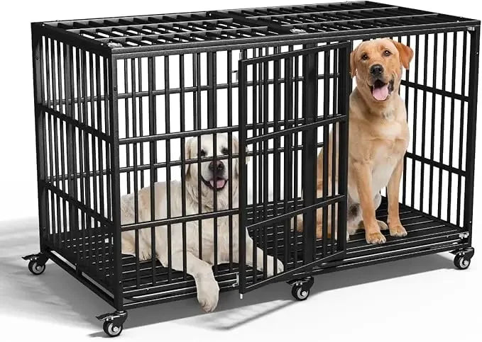 54" / 64" inch Heavy Duty Indestructible Dog Crate, Escape Proof Dog Cage Kennel with Lockable Wheels, High Anxiety Double Door
