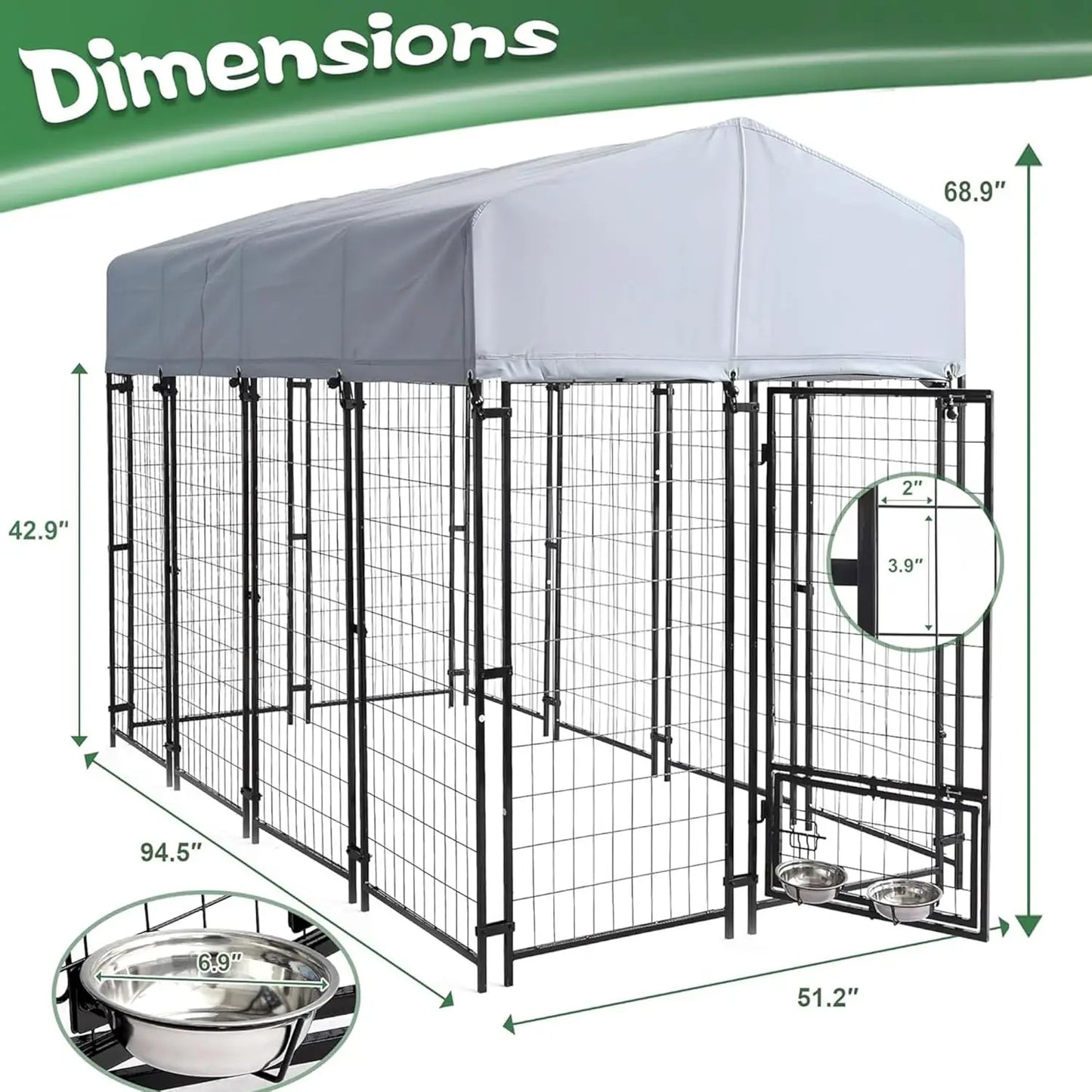 8x4x6 FT Heavy Duty Outdoor Dog Kennel with Roof, Rotating Bowls, Secure Lock for Large Dogs