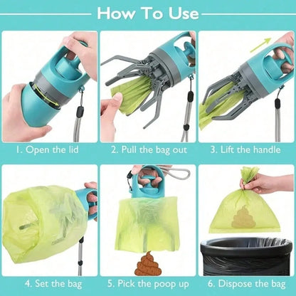 Portable Dog Pooper Scooper No Touch Claw Pickup Tool with Waste Bag Holder Easy One Hand Cleanup