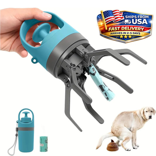 Portable Dog Pooper Scooper No Touch Claw Pickup Tool with Waste Bag Holder Easy One Hand Cleanup