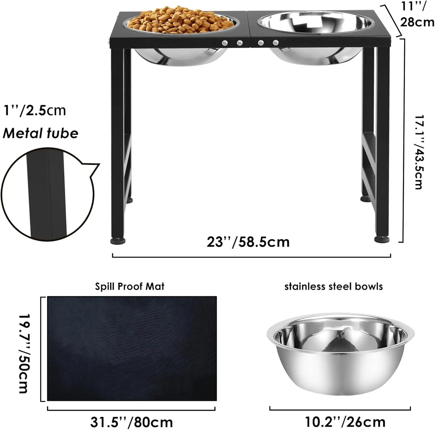 17" Tall Elevated Dog Bowls for Large Breeds with Splash-Proof Mat, 3000ML Capacity, Durable Metal Stand