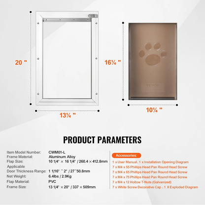 Pet Door Aluminum Frame with Lock and Flap System Weatherproof Doggy Door Easy to Install in Interior or Exterior Doors
