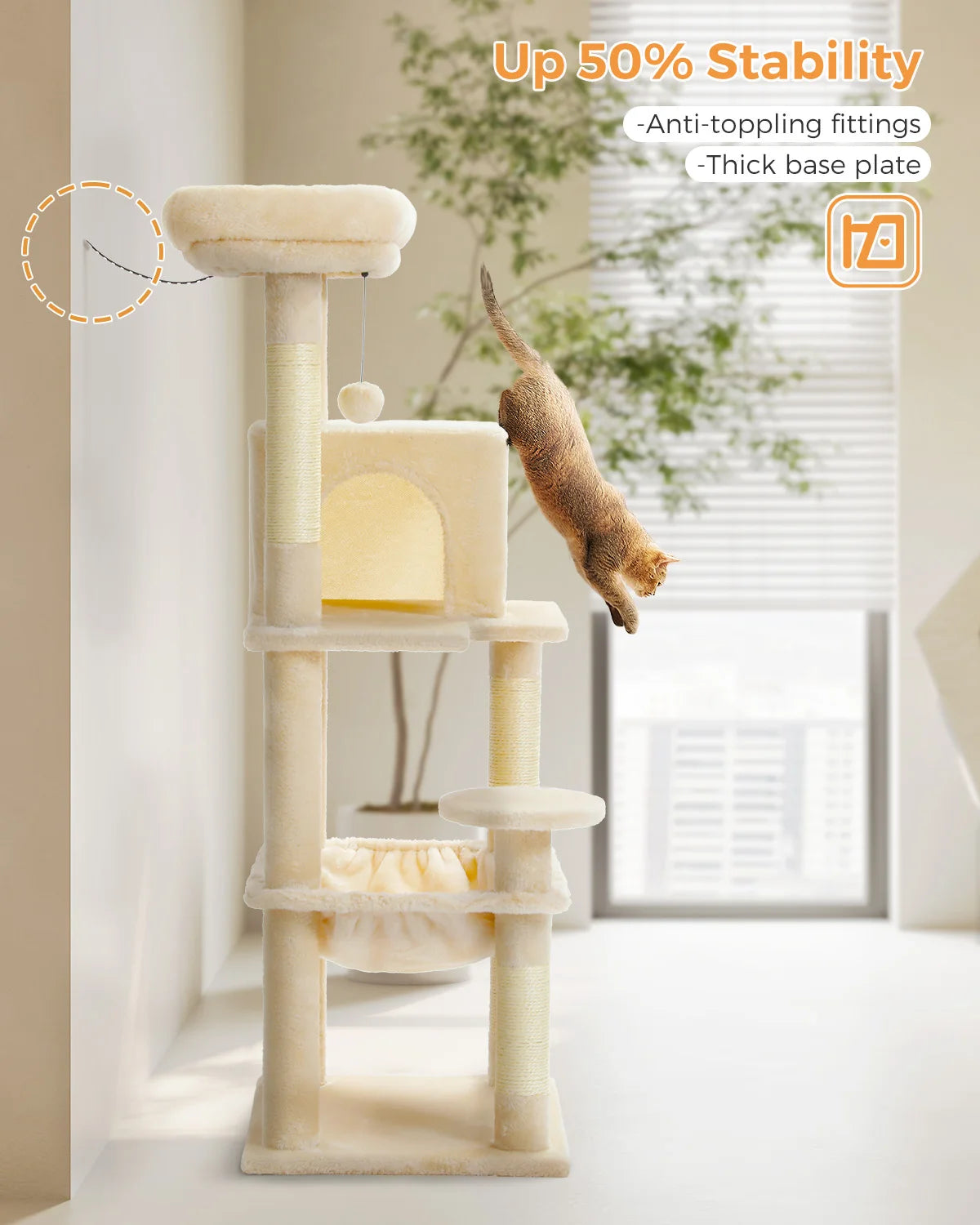 4-Level Cat Tower for Large Cats with Large Hammock Sisal Covered Scratching Posts Cozy Condo Top Perch