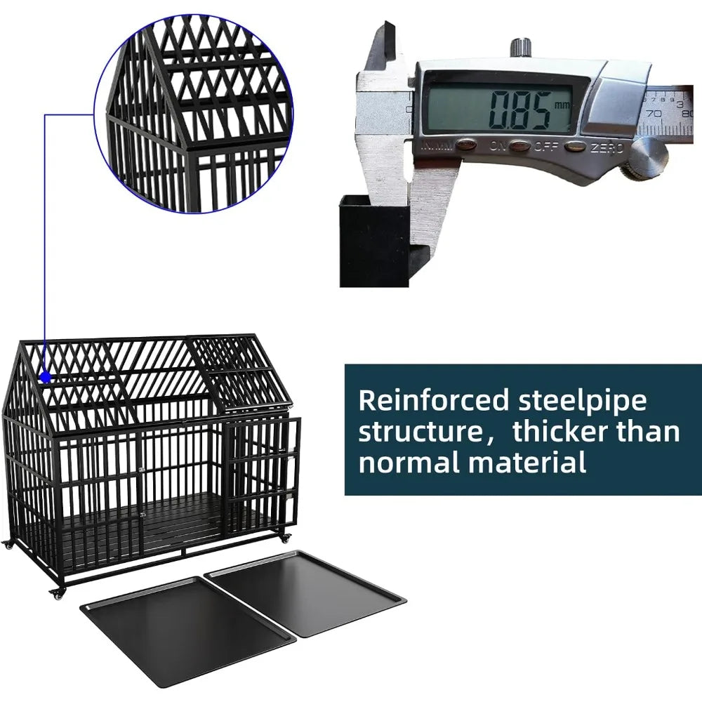 54" / 64" inch Heavy Duty Indestructible Dog Crate, Escape Proof Dog Cage Kennel with Lockable Wheels, High Anxiety Double Door