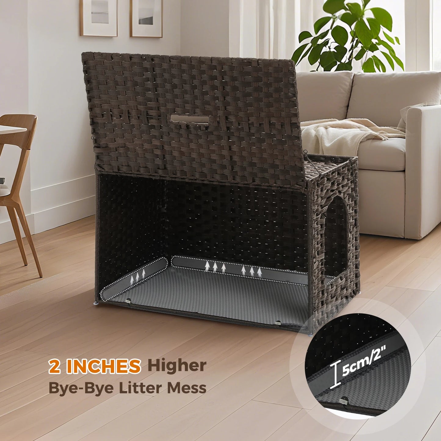 Rattan Cat Litter Box Enclosure Furniture with Door, Hidden Litter Odor Control