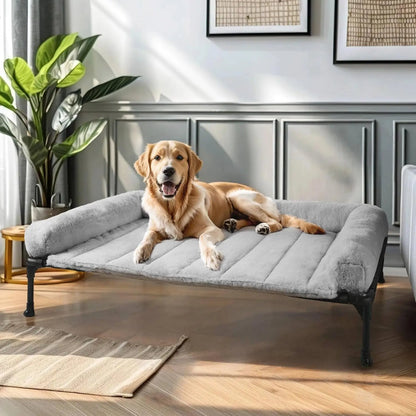 Elevated Orthopedic Dog Bed with Plush Bolster, Removable Washable Mat, Non-Slip Feet, Grey