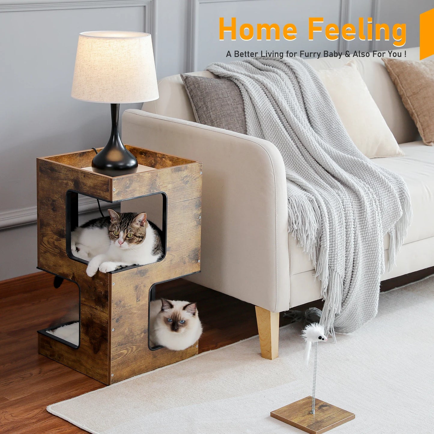Wood Cat Condo Nightstand with Removable Soft Mats with Scratching Pad