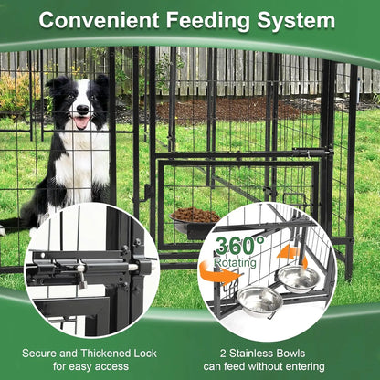 8x4x6 FT Heavy Duty Outdoor Dog Kennel with Roof, Rotating Bowls, Secure Lock for Large Dogs