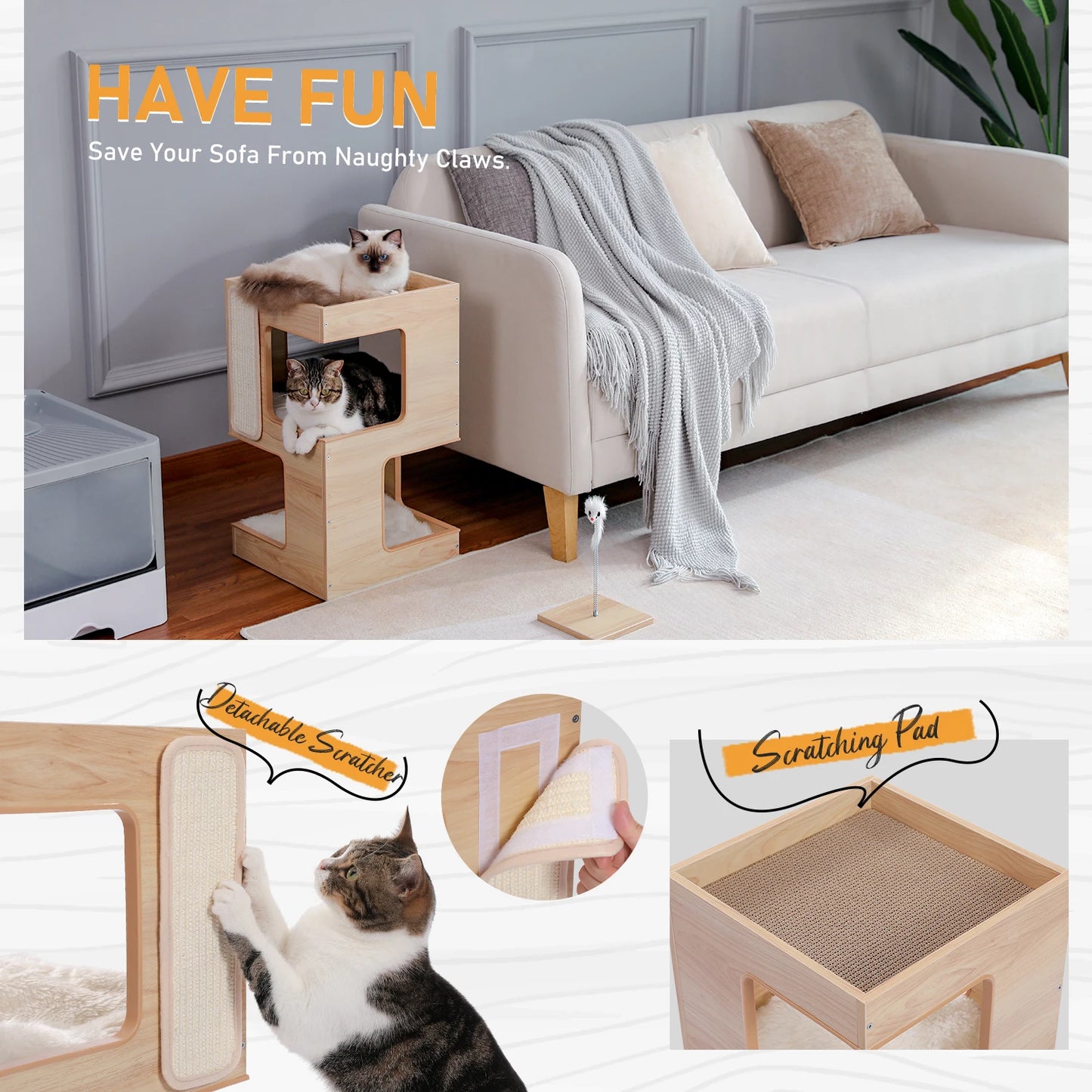Wood Cat Condo Nightstand with Removable Soft Mats with Scratching Pad