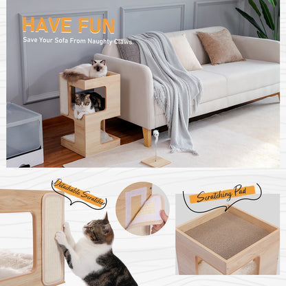 Wood Cat Condo Nightstand with Removable Soft Mats with Scratching Pad