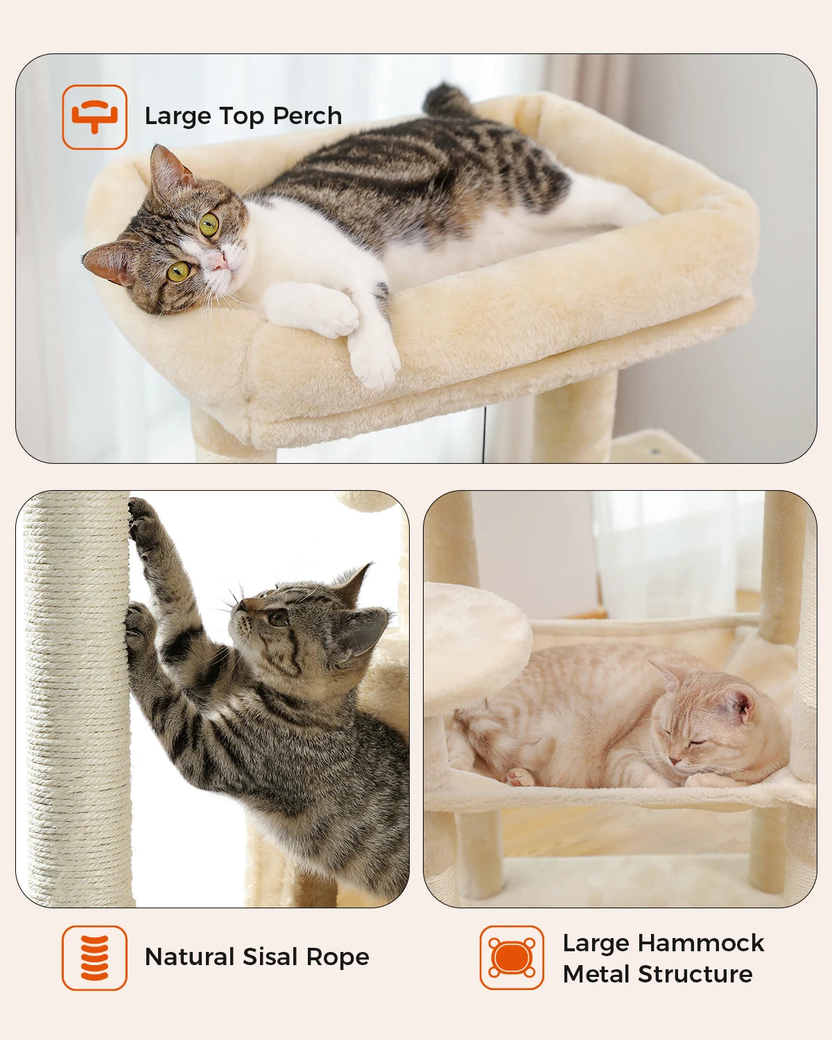 4-Level Cat Tower for Large Cats with Large Hammock Sisal Covered Scratching Posts Cozy Condo Top Perch