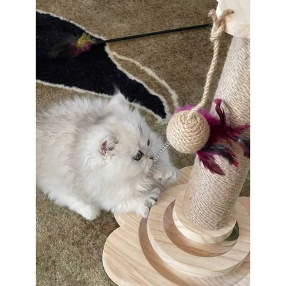 Cat Scratching Post with Teaser Wand, Wear-Resistant Sisal Scratcher Turntable