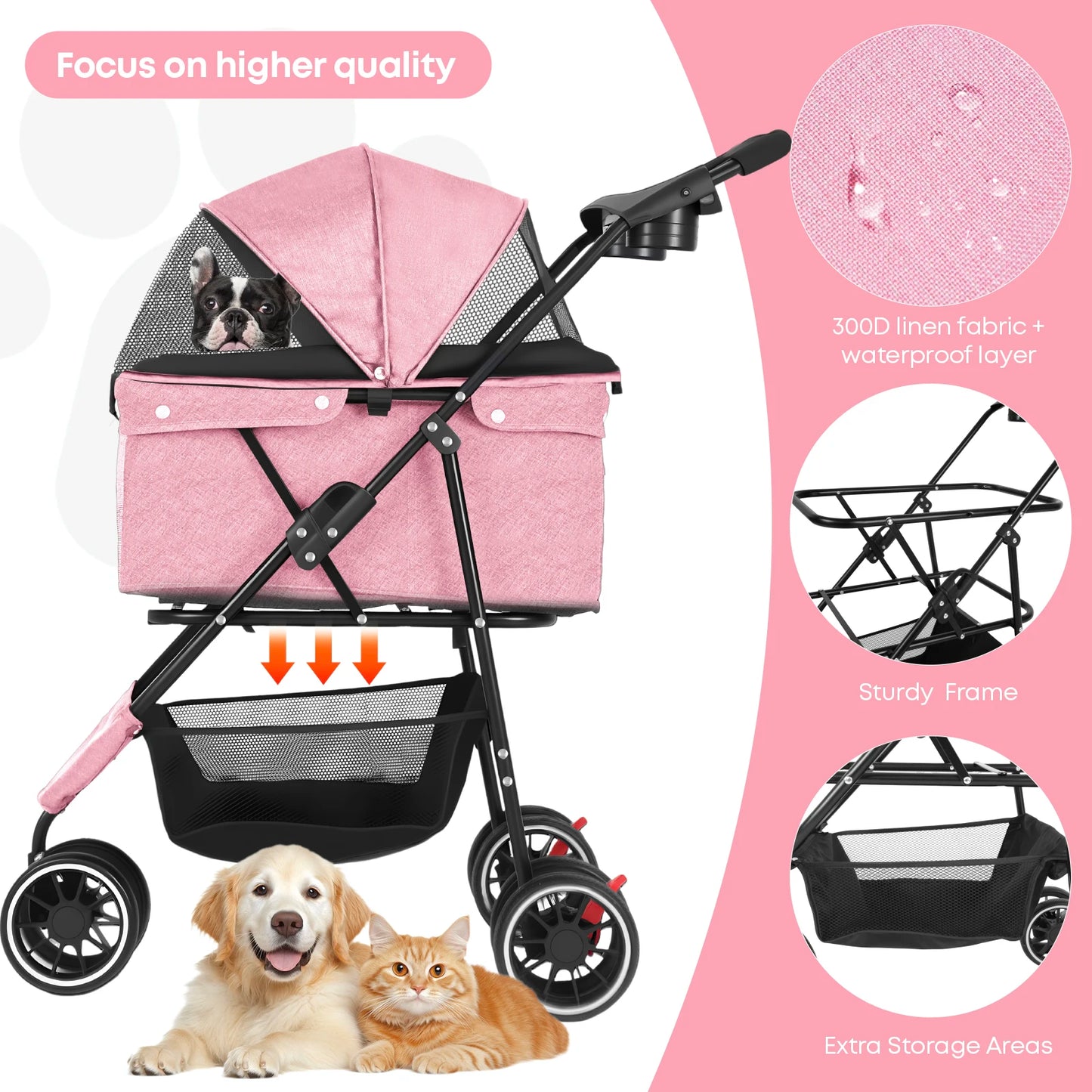 Pet Stroller For Small Puppy Dogs & Cats Travel Portable, Foldable