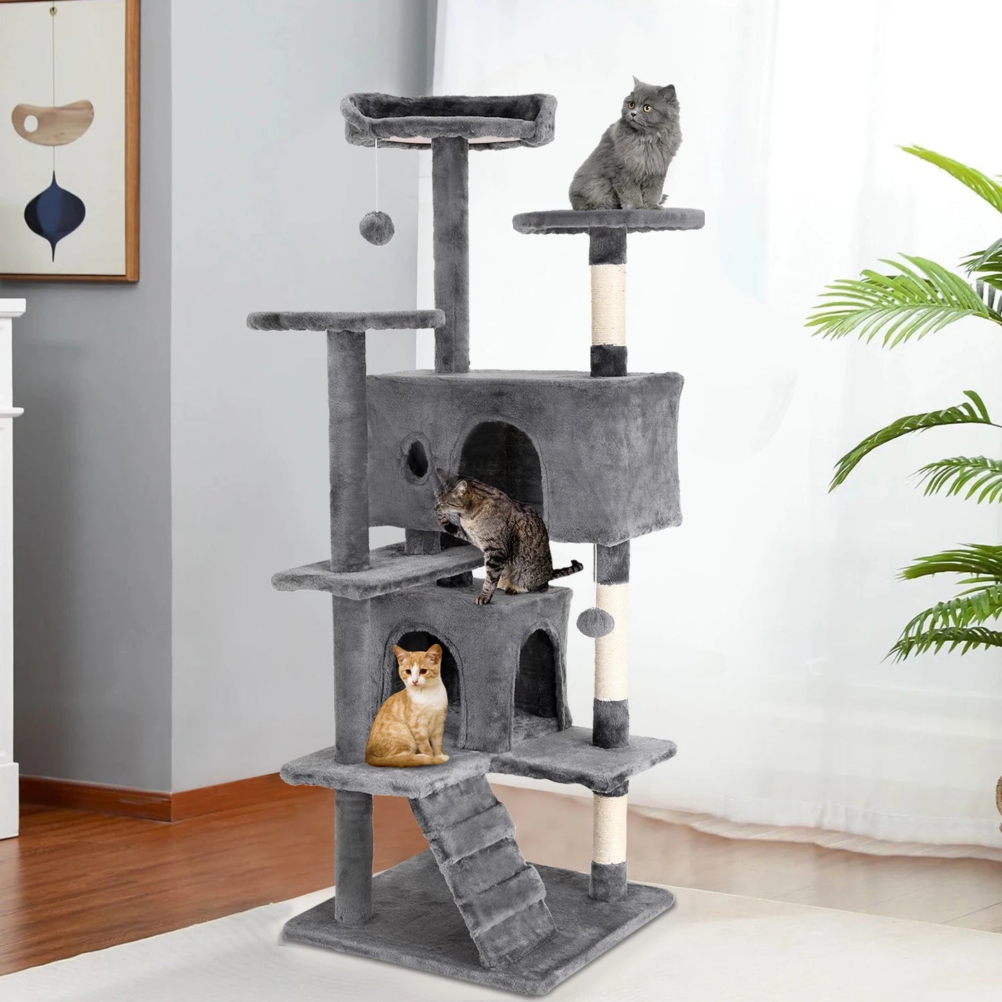 54/70 Inch Cat Tower Condo with Sisal-Covered Scratching Posts Dangling Balls