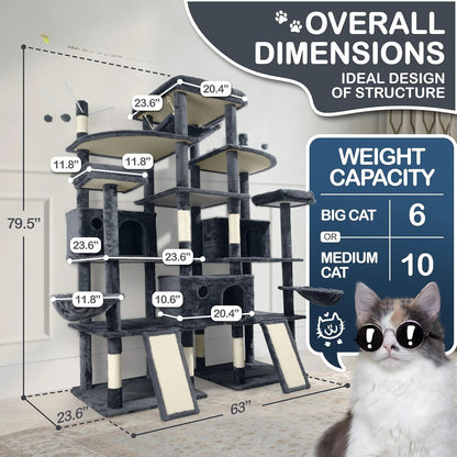 Extra Large 80-Inch Tall Cat Tree w/Widened Perch for Large Cats, Big Cat Tower Indoor, Modern Multi-Level Activity