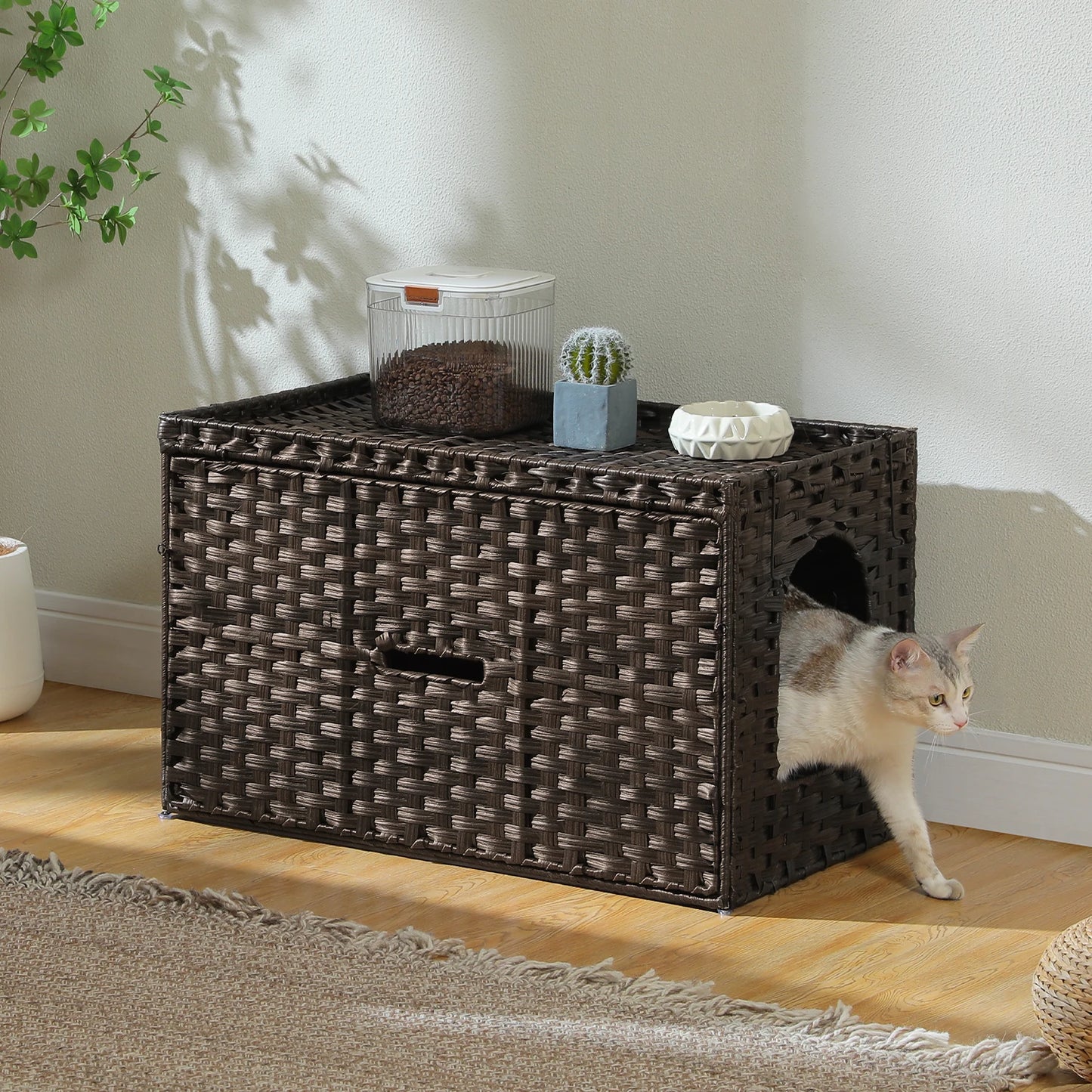 Rattan Cat Litter Box Enclosure Furniture with Door, Hidden Litter Odor Control