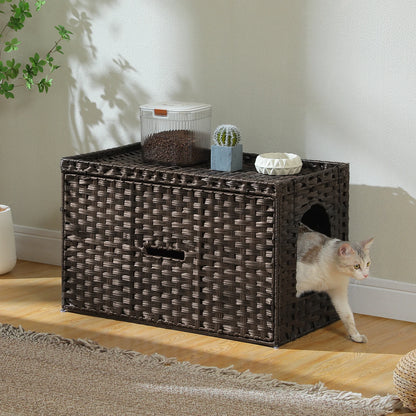 Rattan Cat Litter Box Enclosure Furniture with Door, Hidden Litter Odor Control