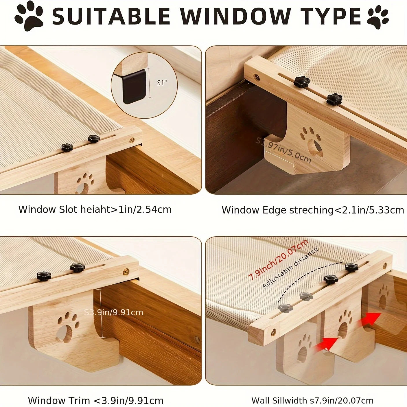 Cat Window Hammock, for Indoor Cats, wooden and metal frame, easy to adjust