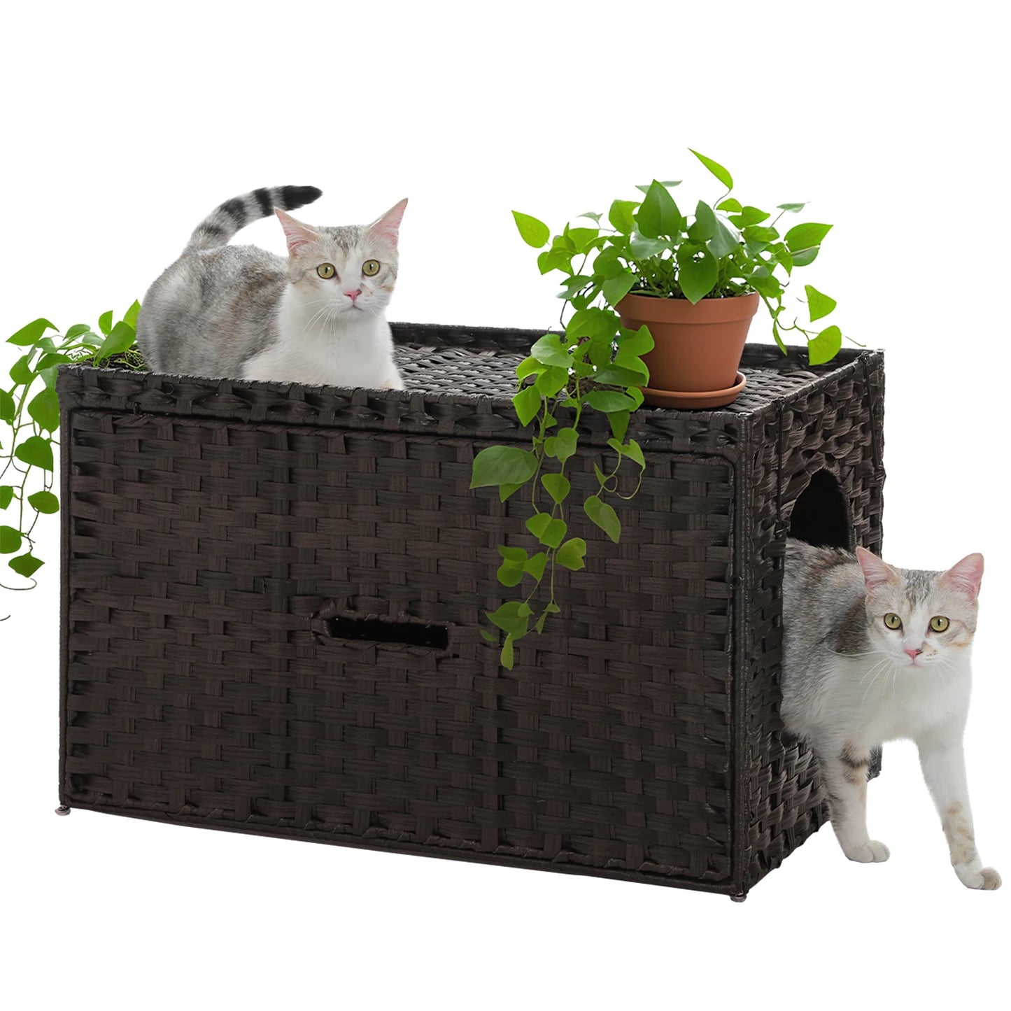 Rattan Cat Litter Box Enclosure Furniture with Door, Hidden Litter Odor Control