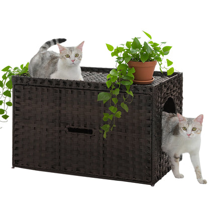Rattan Cat Litter Box Enclosure Furniture with Door, Hidden Litter Odor Control