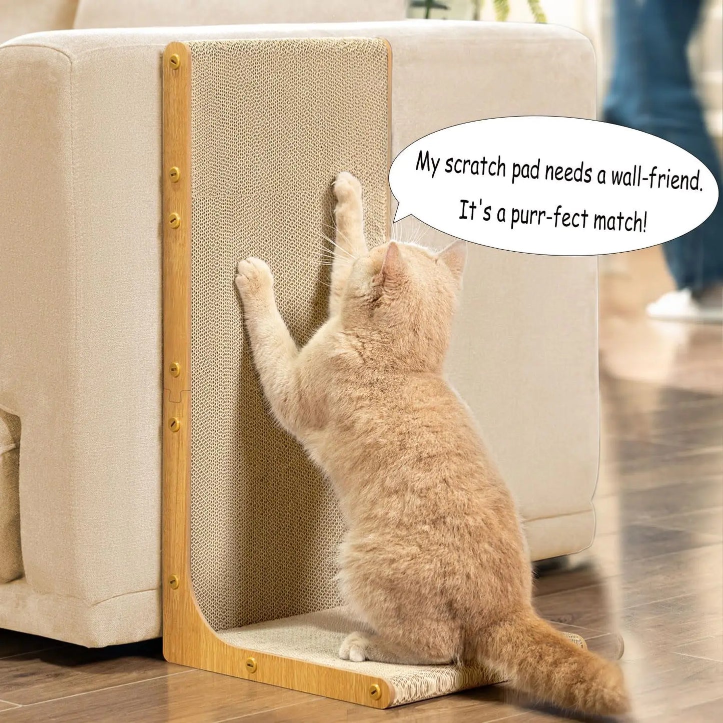 L-Shaped Cat Scratcher, 23" Vertical Wall-Leaning Scratch Pad for Indoor Cats, Protects Furniture with Wood Grain Design