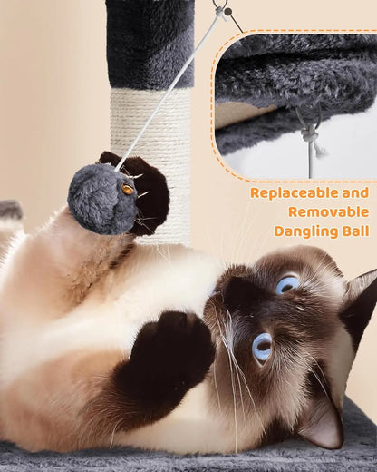 Large Multi-Level Cat Tree, 63 Inches Tall with Sisal-Covered Scratching Posts, Condo, Hammock, Dangling Balls