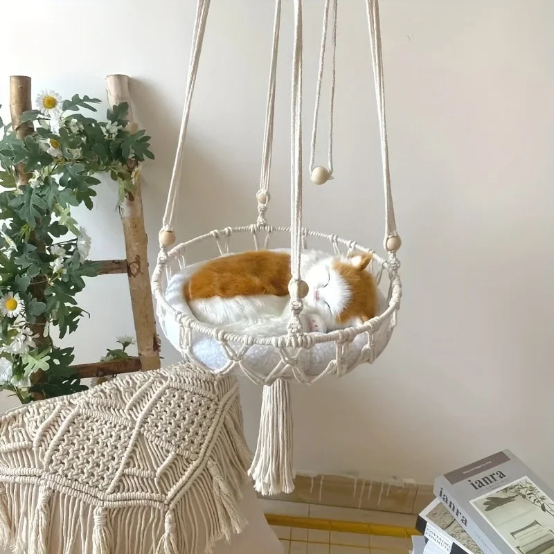 Extra Large Hand-woven Cotton Rope Cat Hammock 40cm/15.75in Super Load-bearing Durable Fits 2 Cats