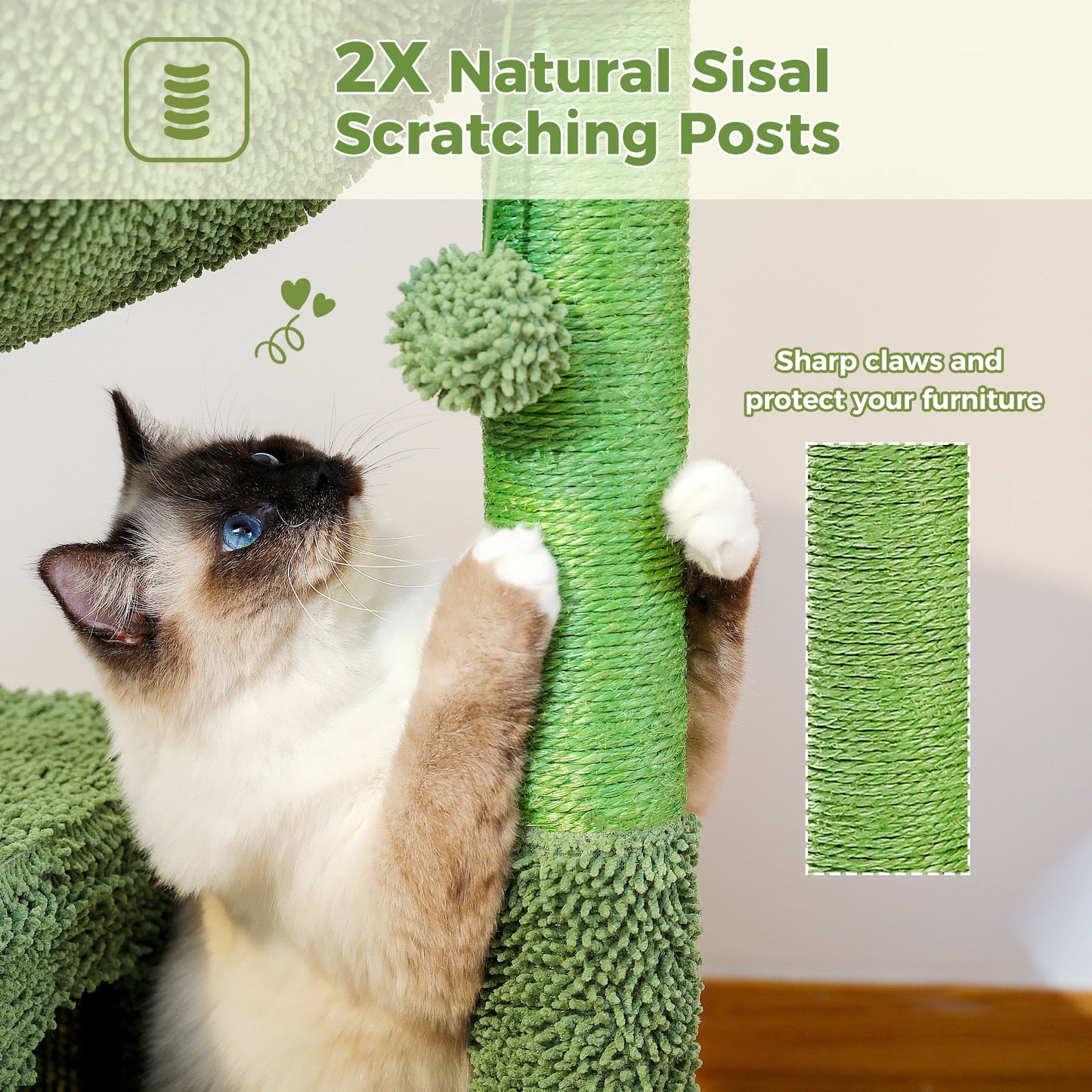 Cactus Cat Tree with Large Condo, Hammock, Dangling Ball, Small Cat Tower, Cat Scratching Post for Indoors