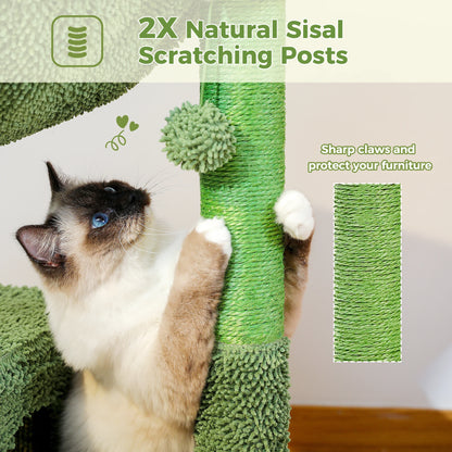 Cactus Cat Tree with Large Condo, Hammock, Dangling Ball, Small Cat Tower, Cat Scratching Post for Indoors
