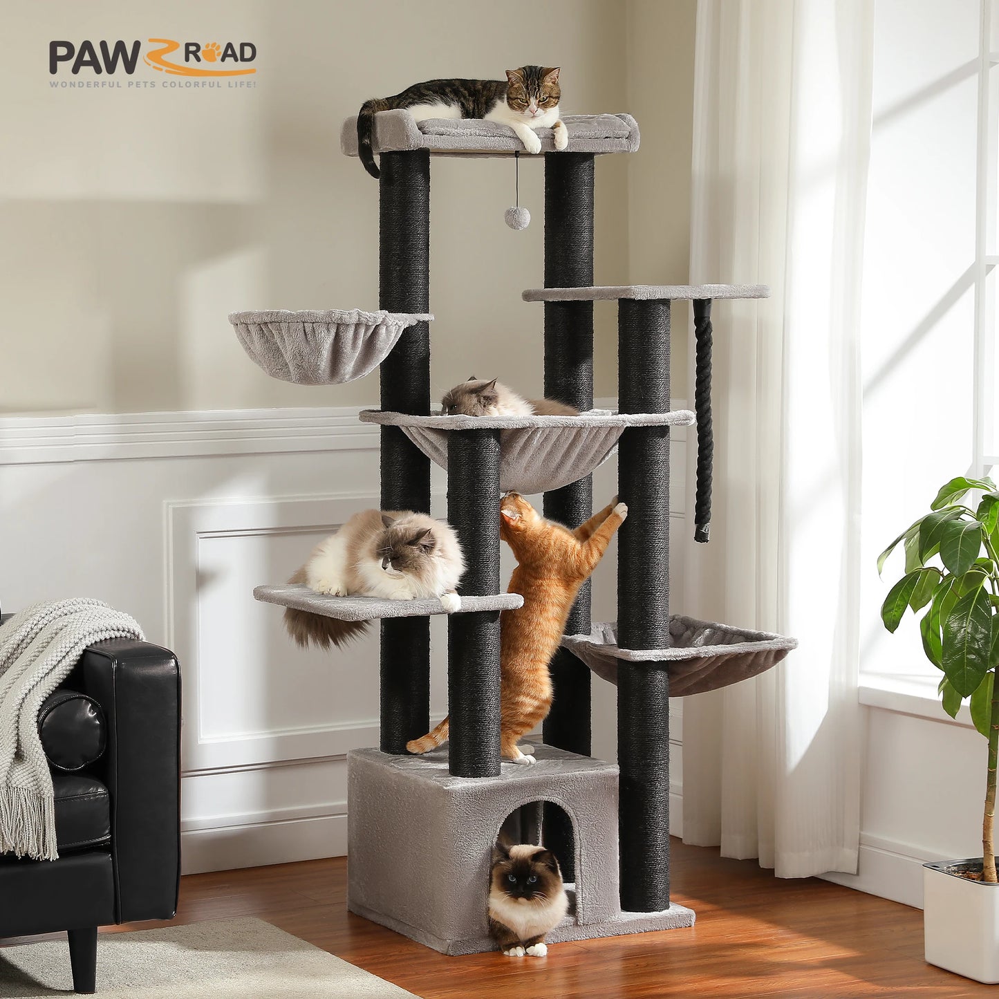 Large Cat Tree for Big Cats, Robust with Several Levels  with Hammock 11 Sisal Posts Large Perch