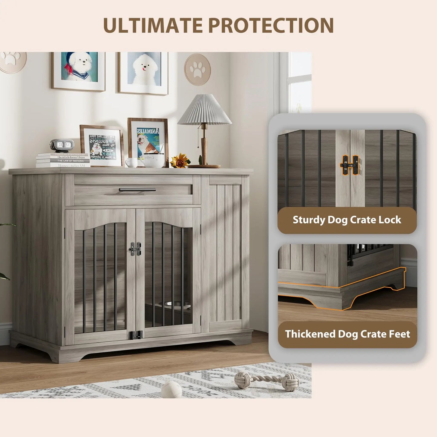 44 Inch Furniture Style Dog Crate Heavy Duty Wooden Dog Kennel With Drawer Side Storage & Built-in Feeding Station For Pets
