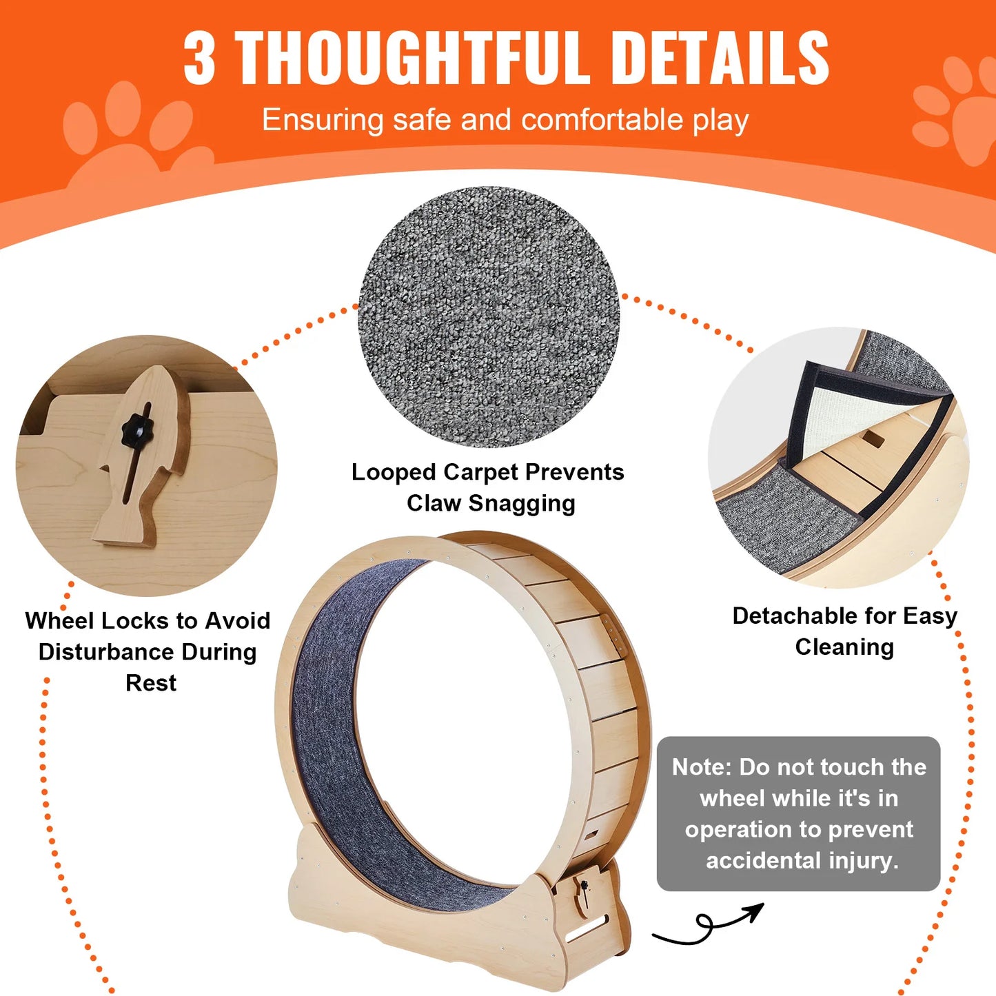 Wooden Cat Treadmill Wheel for Indoor Cat Running Wheel with Detachable Carpet & Cat Teaser