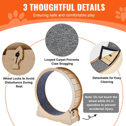 Wooden Cat Treadmill Wheel for Indoor Cat Running Wheel with Detachable Carpet & Cat Teaser