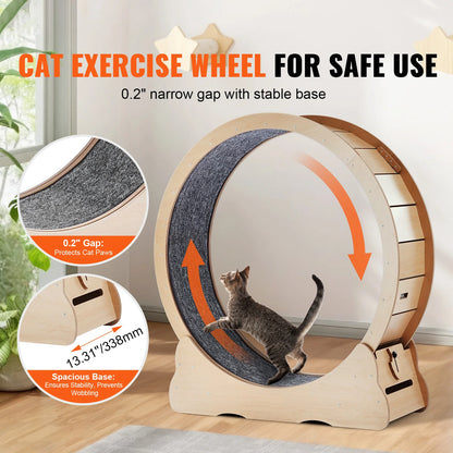 Wooden Cat Treadmill Wheel for Indoor Cat Running Wheel with Detachable Carpet & Cat Teaser