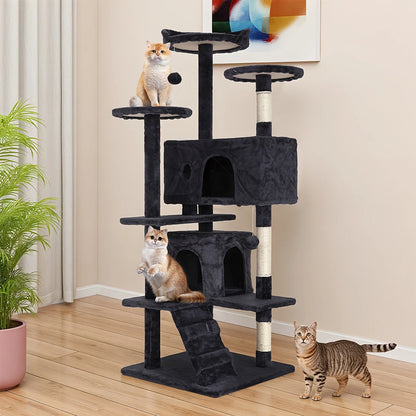 54/70 Inch Cat Tower Condo with Sisal-Covered Scratching Posts Dangling Balls