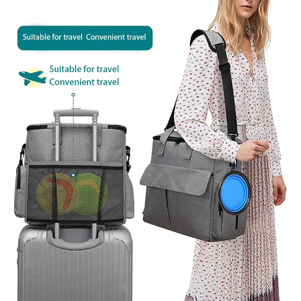Pet Travel Bag Backpack Organizer for Week Away/Overnight, w/ 2 Food Bags 1 Waterproof Placemat 2 Foldable Bowls