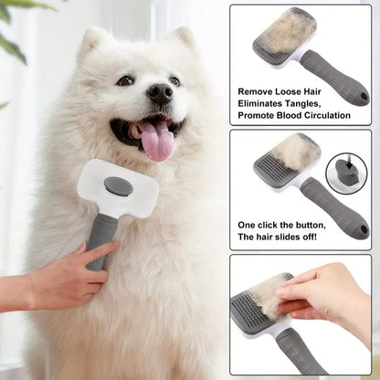 Dual-Use Dog & Cat Grooming Brush / Self-Cleaning Slicker Comb with Round-Tip Bent Needles, Ergonomic Handle