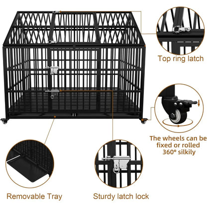 54" / 64" inch Heavy Duty Indestructible Dog Crate, Escape Proof Dog Cage Kennel with Lockable Wheels, High Anxiety Double Door