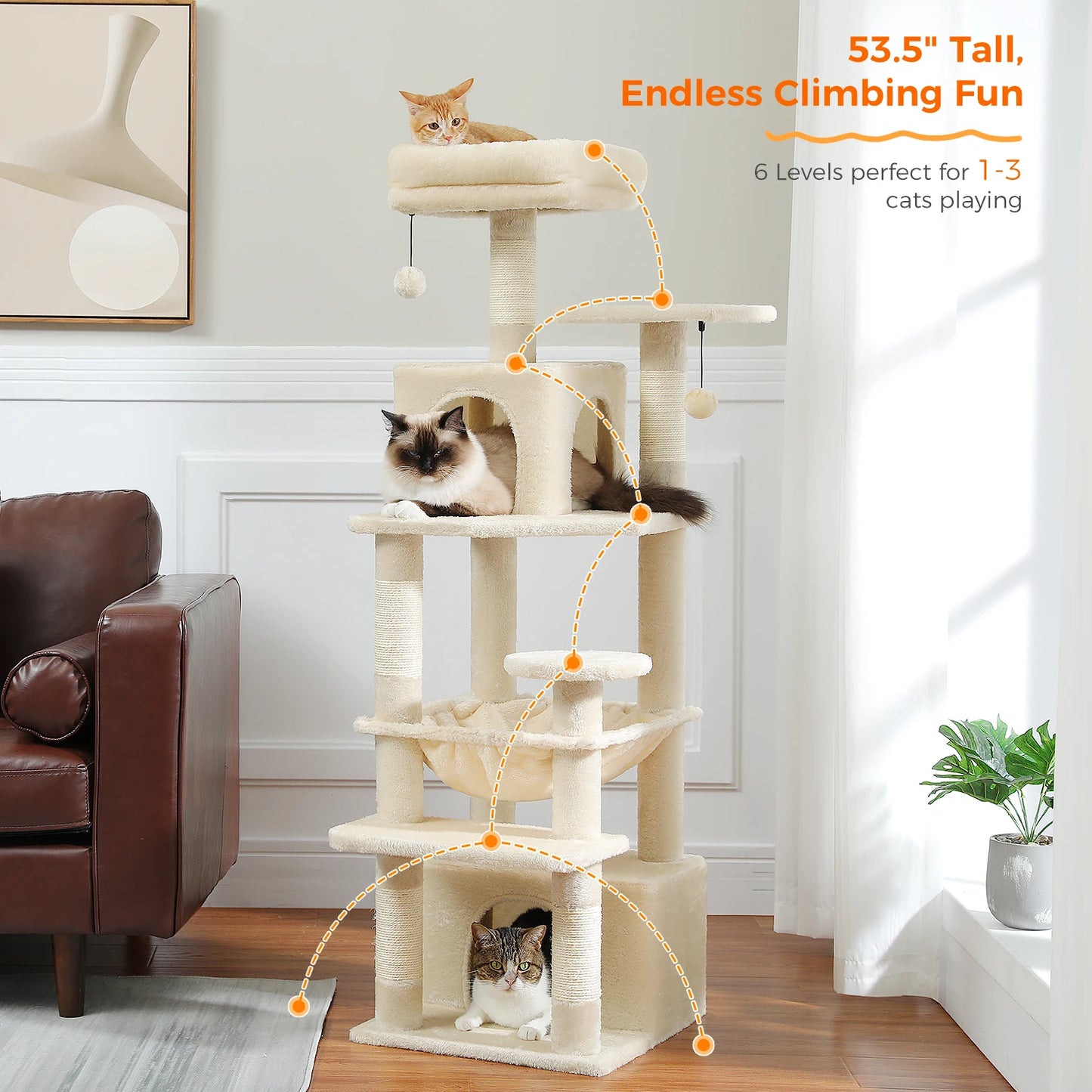 Large Cat Towers 3 Sizes for Indoor Cats With Sisal-Covered Scratching Posts Spacious Hammock, Padded Perches, and Condos