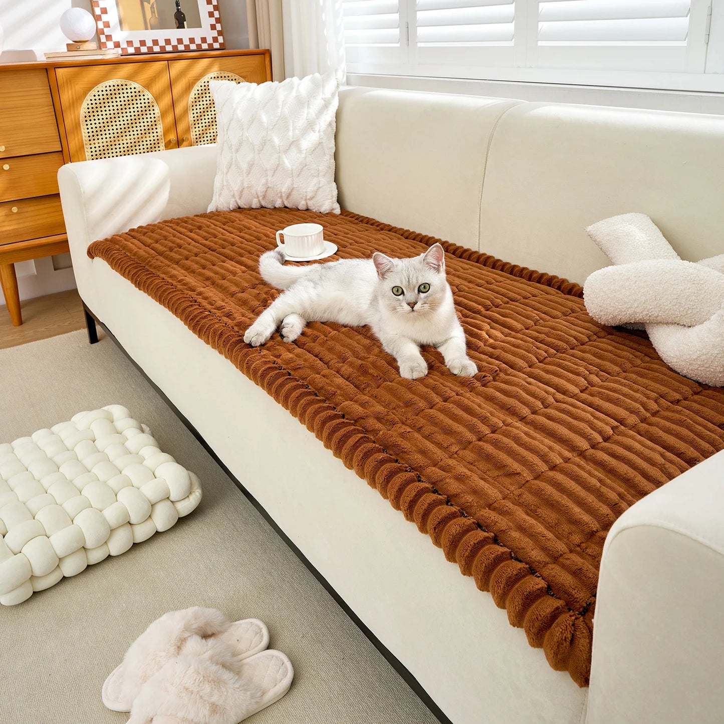 1pc modern minimalist thick plush sofa cover, non-slip design, quilted