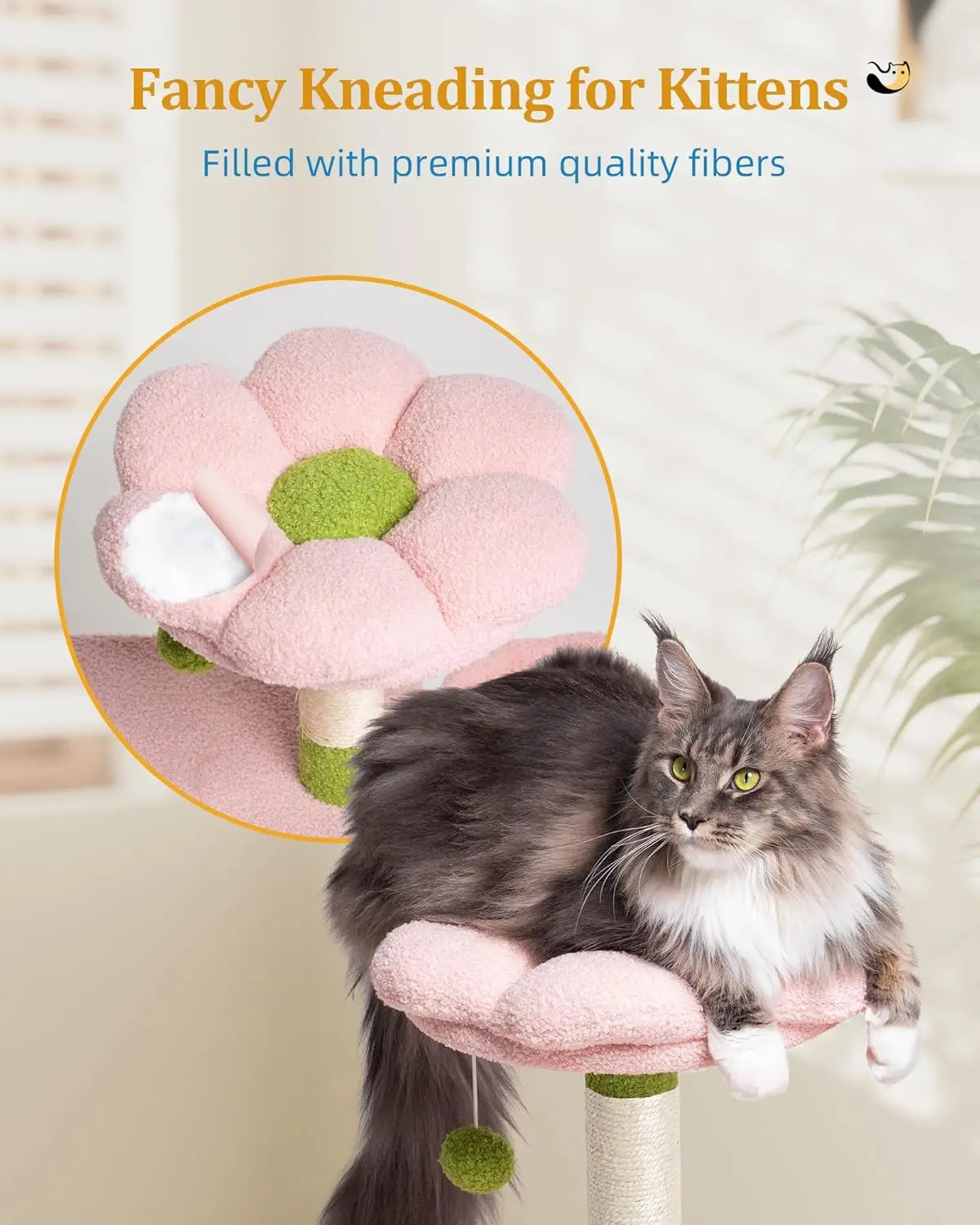 Large Cat Tree with 2-Door Condo, Scratching Posts, Floral Perch & Hammock for Adult Cats, Green Pink