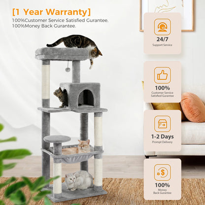 4-Level Cat Tower for Large Cats with Large Hammock Sisal Covered Scratching Posts Cozy Condo Top Perch
