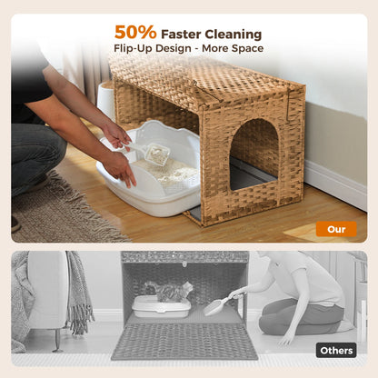 Rattan Cat Litter Box Enclosure Furniture with Door, Hidden Litter Odor Control