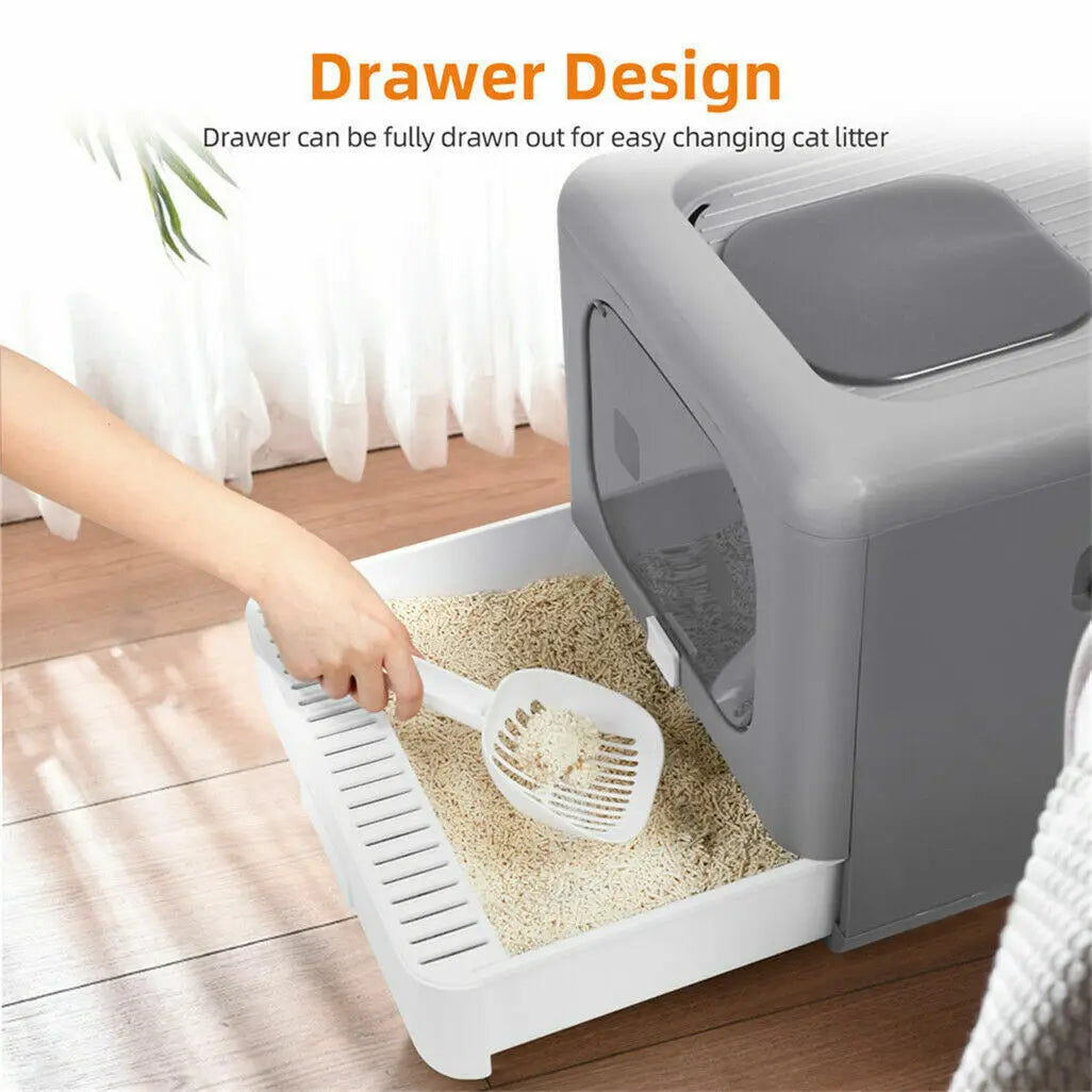 Cat Litter Box with Scoop and Tray Sifting Enclosed Foldable Detachable Pop Top & Front Entry