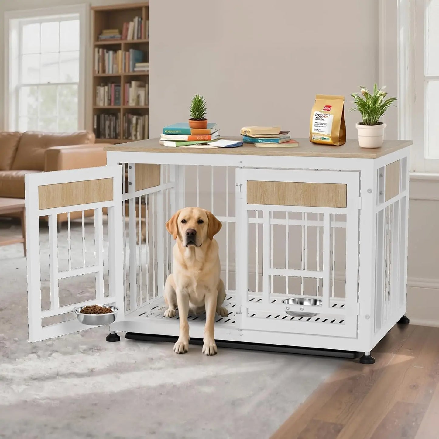 Dog Crate Furniture End Table, 38 Inch Hidden Kennel Cabinet with Removable Tray, Thickened Metal Frame Dog Cage,